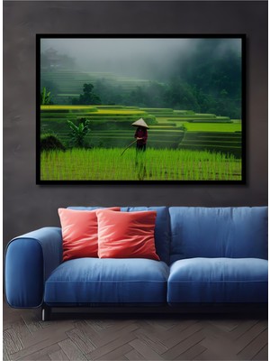 Çerçeve Görünümlü Asya Pirinç Tarlaları Yağlı Boya Görünümlü Dekoratif Ahşap Işyeri/ofis Kare Tablo