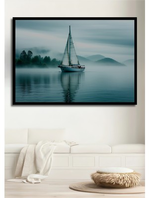 Çerçeve Görünümlü Sisli Denizde Yelkenli Huzuru Yağlı Boya Görünümlü Ahşap Ofis Kare Tablo