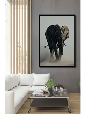 Çerçeve Görünümlü Yağlı Boya Görünümlü Heybetli Afrika Fil Ofis Kare Tablo Ahşap