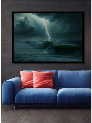 Çerçeve Görünümlü Fırtınalı Deniz Yağlı Boya Görünümlü Dekoratif Ahşap Ev/işyeri/ofis Kare Tablo