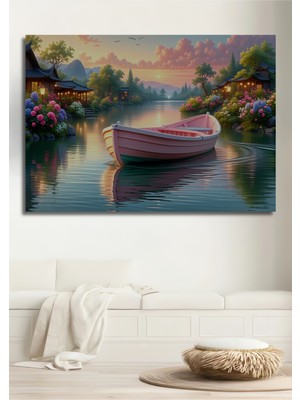 Pembe Kayık Rüyası Yağlı Boya Görünümlü Dekoratif Ahşap Ev/işyeri/ofis Kare Tablo