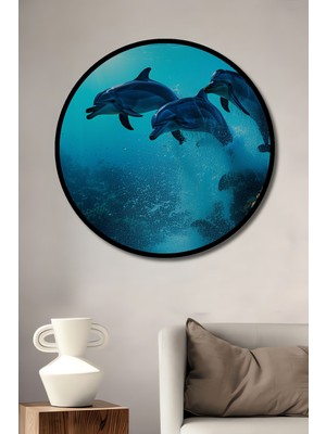 Çerçeve Görünümlü Denizaltı Dünyası Yunuslar Yağlı Boya Görünümlü Ahşap Ofis Yuvarlak Tablo