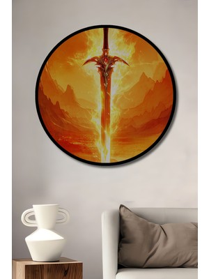 Çerçeve Görünümlü Alev Kılıç Efsanesi Yağlı Boya Görünümlü Dekoratif Ahşap Ofis Yuvarlak Tablo