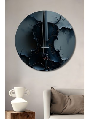 Yıkık Duvar Arasında Keman Yağlı Boya Görünümlü Dekoratif Ahşap Ev/işyeri/ofis Yuvarlak Tablo