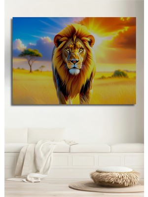 Güneşin Altında Altın Yağlı Boya Görünümlü Aslan Ev/işyeri/ofis Dekoratif Ahşap Kare Tablo