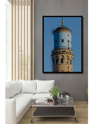 Çerçeve Görünümlü Gökyüzünde Tarihi Kule Yağlı Boya Görünümlü Dekoratif Ahşap Ofis Kare Tablo