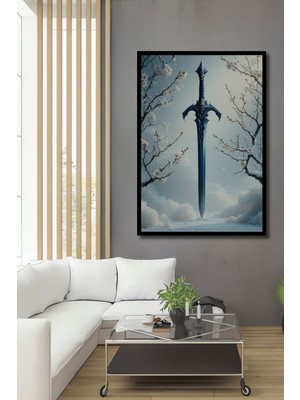 Çerçeve Görünümlü Epik Kılıç Sakura Ağacı Yağlı Boya Görünümlü Ofis Dekoratif Ahşap Kare Tablo