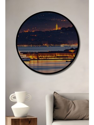 Çerçeve Görünümlü Istanbul Boğazı Gece Işıkları Yağlı Boya Görünümlü Ahşap Ofis Yuvarlak Tablo