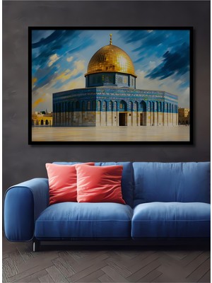 Çerçeve Görünümlü Kudüs Kubbet Üs Sahra Yağlı Boya Görünümlü Dekoratif Ahşap Işyeri/ofis Kare Tablo