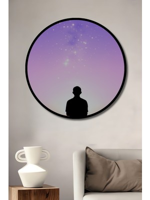 Çerçeve Görünümlü Mor Meditasyon Yıldızlar ve Insan Silüeti Dekoratif Ahşap Ofis Yuvarlak Tablo
