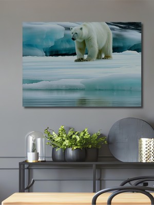 Buzullar Üzerinde Yürüyen Kutup Ayısı Yağlı Boya Görünümlü Dekoratif Ahşap Ev/işyeri/ofis Tablo
