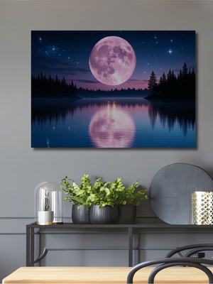 Pembe Dolunay Gölü Yağlı Boya Görünümlü Dekoratif Ahşap Ev/işyeri/ofis Kare Tablo