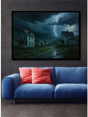 Çerçeve Görünümlü Fırtınalı Köy Yağlı Boya Görünümlü Dekoratif Ahşap Ev/işyeri/ofis Kare Tablo