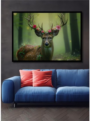 Çerçeve Görünümlü Çiçek Taçlı Geyik Yağlı Boya Görünümlü Dekoratif Ahşap Ev/işyeri/ofis Kare Tablo