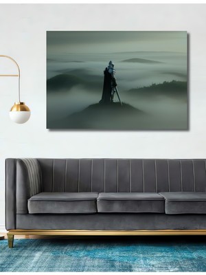Sisli Tepelerde Zırhlı Şövalye Yağlı Boya Görünümlü Dekoratif Ahşap Ev/işyeri/ofis Kare Tablo