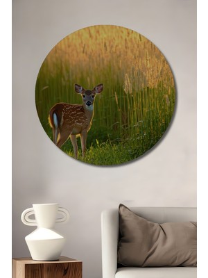 Altın Işıkta Geyik Yavrusu Yağlı Boya Görünümlü Dekoratif Ahşap Ev/işyeri/ofis Yuvarlak Tablo