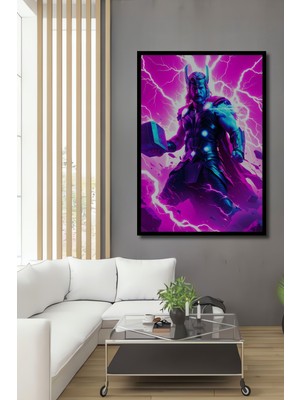 Çerçeve Görünümlü Thor Çekiçli Elektrik Fırtınası Yağlı Boya Görünümlü Ahşap Ofis Kare Tablo