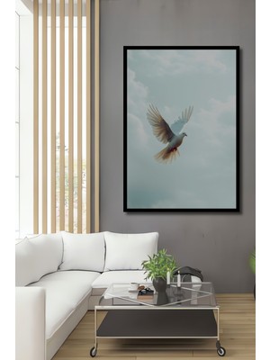 Çerçeve Görünümlü Uçan Beyaz Güvercin Yağlı Boya Görünümlü Dekoratif Ahşap Işyeri/ofis Kare Tablo