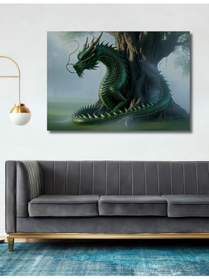 Yeşil Ejderha ve Yaşam Ağacı Yağlı Boya Görünümlü Dekoratif Ahşap Ev/işyeri/ofis Kare Tablo