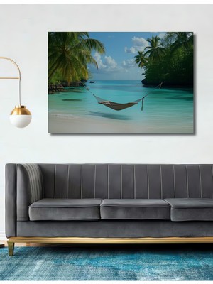 Turkuaz Rüyası Hamak Cenneti Yağlı Boya Görünümlü Dekoratif Ahşap Ev/işyeri/ofis Kare Tablo