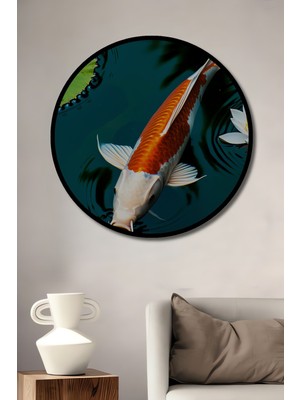 Çerçeve Görünümlü Koi Balığı ve Nilüfer Çiçeği Yağlı Boya Görünümlü Ofis Ahşap Yuvarlak Tablo