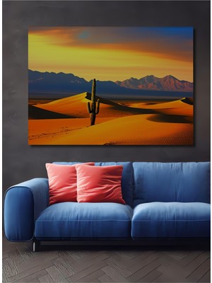 Altın Kumlar Arasında Kaktüs Silüeti Yağlı Boya Görünümlü Dekoratif Ahşap Ev/işyeri/ofis Kare Tablo
