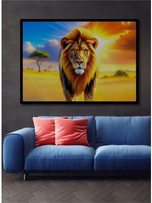 Çerçeve Görünümlü Güneşin Altında Altın Yağlı Boya Görünümlü Aslan Ofis Dekoratif Ahşap Kare Tablo