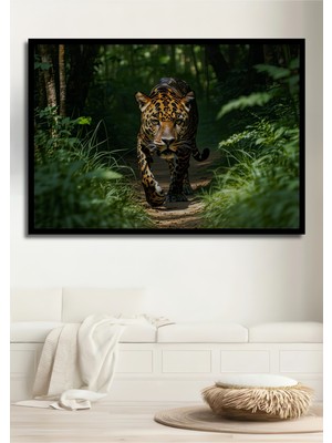 Çerçeve Görünümlü Ormanın Derinliklerinde Yağlı Boya Görünümlü Jaguar Ofis Ahşap Kare Tablosu
