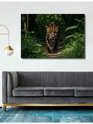 Ormanın Derinliklerinde Yağlı Boya Görünümlü Jaguar Ev/işyeri/ofis Dekoratif Ahşap Kare Tablosu