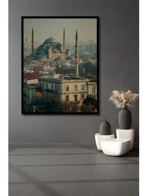 Çerçeve Görünümlü Sultanahmet Camii Yağlı Boya Görünümlü Istanbul Silüeti Ahşap Ofis Kare Tablo
