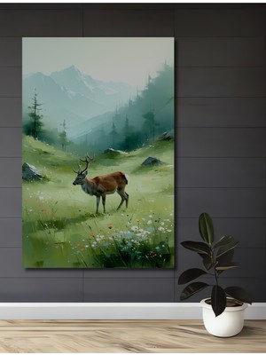 Dağların Heybetli Geyiği Yağlı Boya Görünümlü Dekoratif Ahşap Dekoratif Ev/işyeri/ofis Kare Tablo