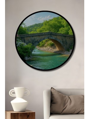 Çerçeve Görünümlü Taş Köprü ve Yeşil Nehir Yağlı Boya Görünümlü Ofis Dekoratif Ahşap Yuvarlak Tablo