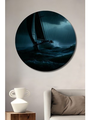 Fırtınalı Denizde Yelkenli Tekne Yağlı Boya Görünümlü Dekoratif Ahşap Ev/işyeri/ofis Yuvarlak Tablo