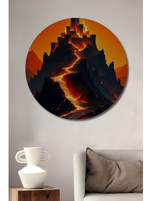 Alevler Içindeki Kale Yağlı Boya Görünümlü Dekoratif Ahşap Ev/işyeri/ofis Yuvarlak Tablo