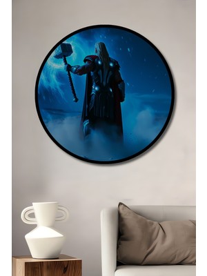 Çerçeve Görünümlü Thor Mjolnir Fırtınası Yağlı Boya Görünümlü Dekoratif Ahşap Ofis Yuvarlak Tablo