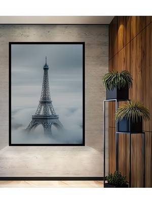 Çerçeve Görünümlü Sisler Içinde Eyfel Kulesi Yağlı Boya Görünümlü Dekoratif Ahşap Ofis Kare Tablo