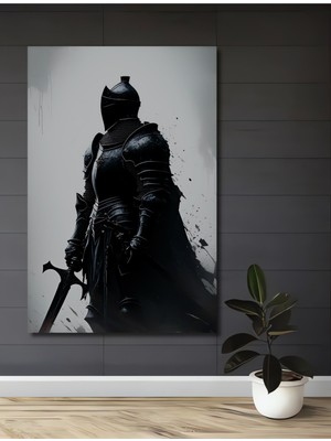 Zırhlı Şövalye Kara Siluet Yağlı Boya Görünümlü Ev/işyeri/ofis Dekoratif Ahşap Kare Tablo