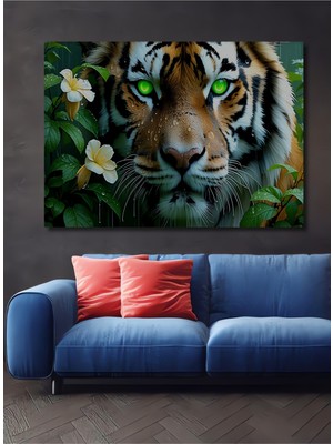 Yağlı Boya Görünümlü Yeşil Gözlü Kaplan ve Çiçekler Dekoratif Ahşap Ev/işyeri/ofis Kare Tablo