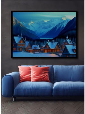 Çerçeve Görünümlü Kış Masalı Köyü Yağlı Boya Görünümlü Dekoratif Ahşap Ev/işyeri/ofis Kare Tablo