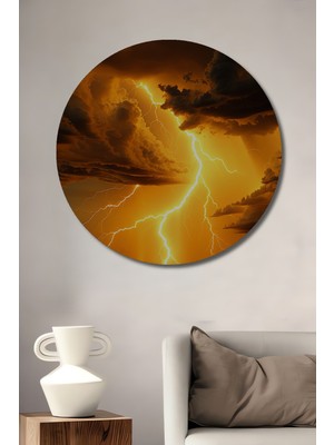 Altın Sarısı Şimşek Fırtınası Yağlı Boya Görünümlü Dekoratif Ahşap Ev/işyeri/ofis Yuvarlak Tablo
