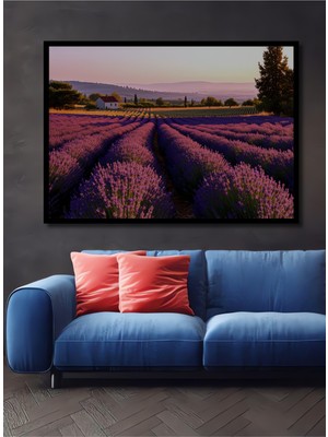 Çerçeve Görünümlü Mor Lavanta Tarlası Yağlı Boya Görünümlü Dekoratif Ahşap Işyeri/ofis Kare Tablo