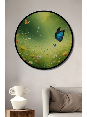 Çerçeve Görünümlü Sulu Boya Görünümlü Kelebekler ve Çiçekler Bahçesi Ahşap Ofis Yuvarlak Tablo