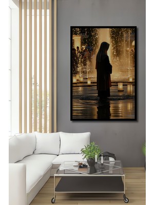 Çerçeve Görünümlü Huzurlu Vaha Altın Işıklar Yağlı Boya Görünümlü Dekoratif Ahşap Ofis Kare Tablo