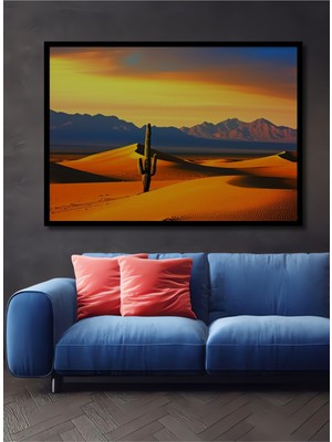 Çerçeve Görünümlü Altın Kumlar Arasında Kaktüs Silüeti Yağlı Boya Görünümlü Ahşap Ofis Kare Tablo