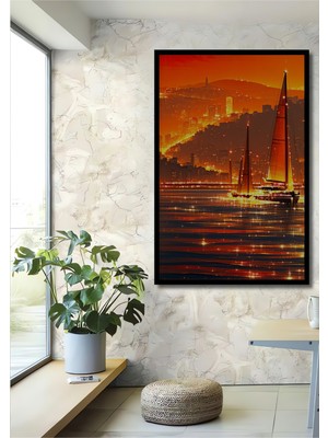 Çerçeve Görünümlü Altın Şehirde Yelkenliler Yağlı Boya Görünümlü Dekoratif Ahşap Ofis Kare Tablo
