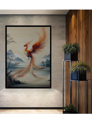 Çerçeve Görünümlü Efsanevi Phoenix Kuşu Yağlı Boya Görünümlü Dekoratif Ahşap Işyeri/ofis Kare Tablo
