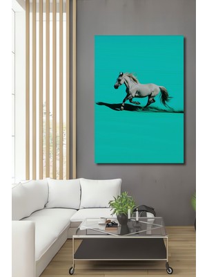 Turkuaz Zemin Üzerinde Koşan Beyaz At Yağlı Boya Görünümlü Dekoratif Ahşap Ev/işyeri/ofis Tablo