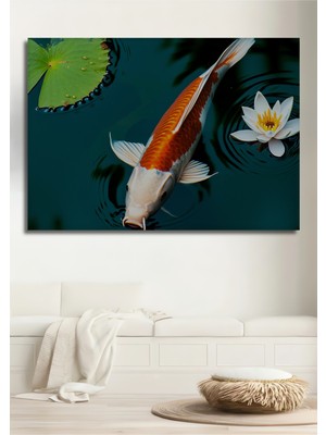 Koi Balığı ve Nilüfer Çiçeği Yağlı Boya Görünümlü Ev/işyeri/ofis Dekoratif Ahşap Kare Tablo