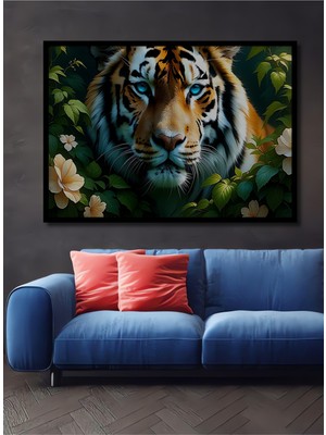 Çerçeve Görünümlü Çiçek Bahçesinde Yağlı Boya Görünümlü Bengal Kaplanı Salon Ahşap Kare Tablo