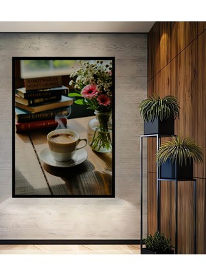 Çerçeve Görünümlü Kitaplar ve Çiçekler ile Kahve Keyfi Dekoratif Ahşap Ev/işyeri/ofis Kare Tablo